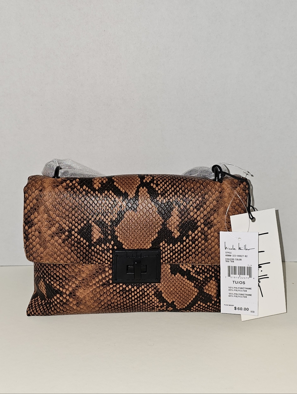 Nicole Miller Brown Snake-Print Shoulder Bag with Black Turn-Lock & Chain Strap